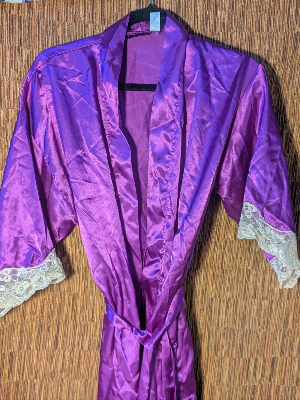 Frederick's of Hollywood Purple Satin Robe with Lace Trim, Size Medium